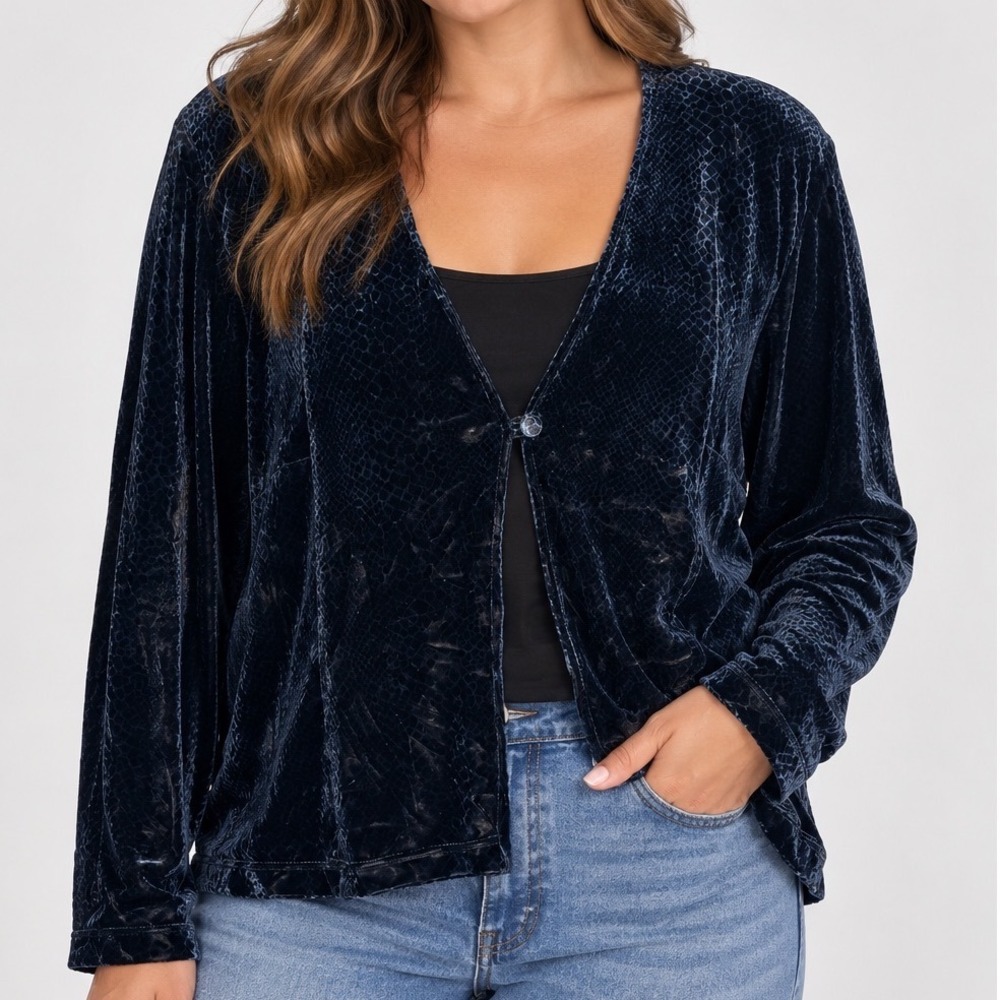 Kathie Lee L XL Blue Black Velvet Burnout Jacket Top Y2K Evening Gothic Whimsy